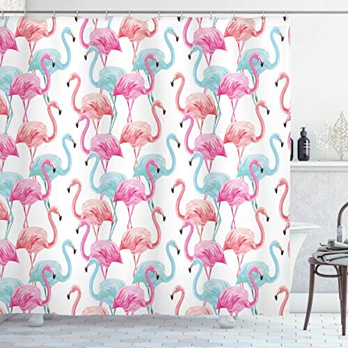 Rideau de douche Flamant rose bleu bébé saumon et rose 175x240 cm