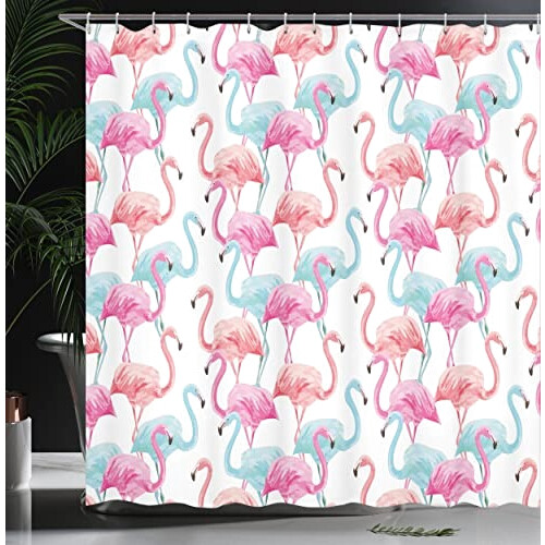 Rideau de douche Flamant rose bleu bébé saumon et rose 175x240 cm variant 2 