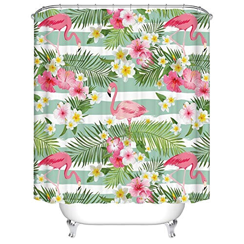 Rideau de douche Flamant rose feuille verte 90x180 cm