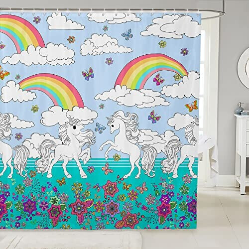 Rideau de douche Licorne multicolore 183x213 cm