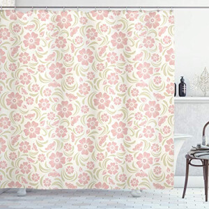 Rideau de douche Rose - Fleur -  vert pâle et blanc 175x200 cm