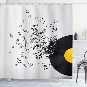 Rideau de douche Note de musique noir et jaune ivoire 175x240 cm