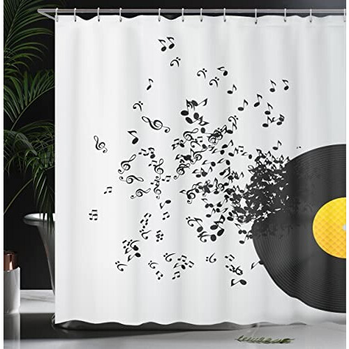 Rideau de douche Note de musique noir et jaune ivoire 175x240 cm variant 2 